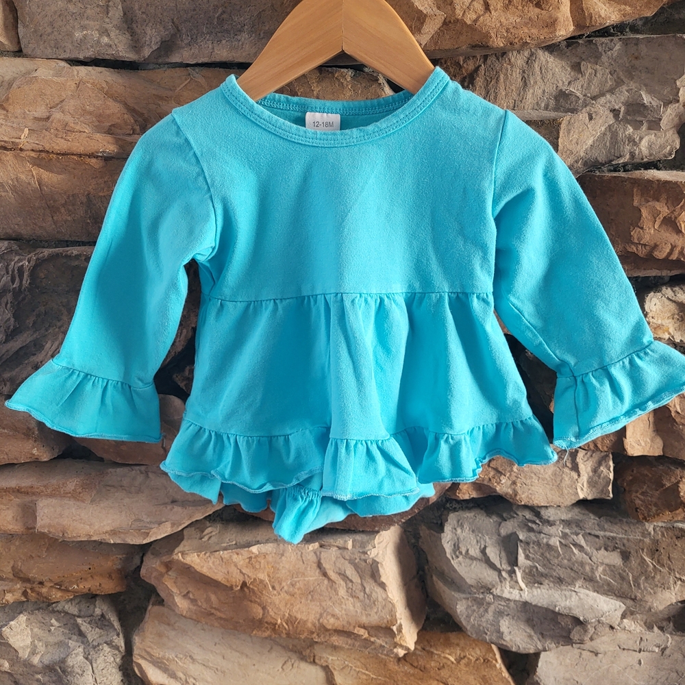 Bright Blue Long-Sleeve Peplum Ruffle Tee For Baby Girl 12-18m